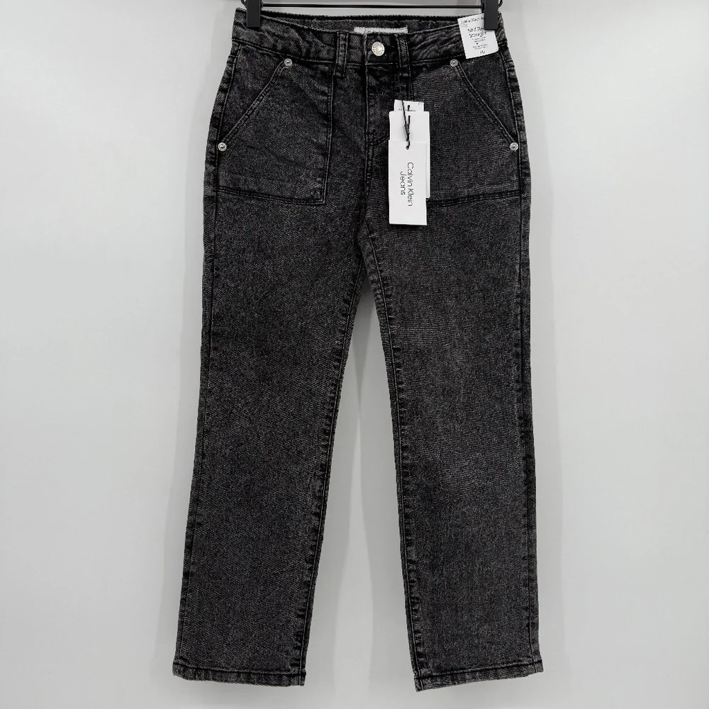 Calvin Klein Jeans Youth Girl 10 Black Mid Rise Straight Denim Acid Wash Stretch